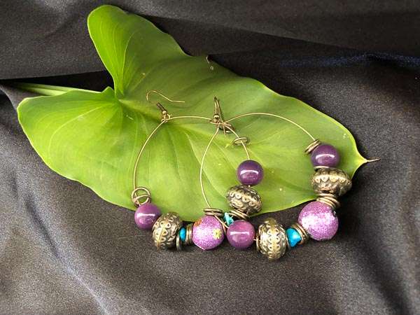 Earrings - Large Hoops with Brass and Purple Bobbles. Brass Colour #ML159