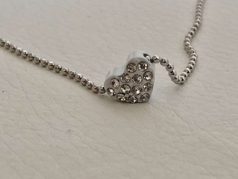 Pendant - Heart Pendant With Small White Diamante, on Chain. Silver Colour #ML191