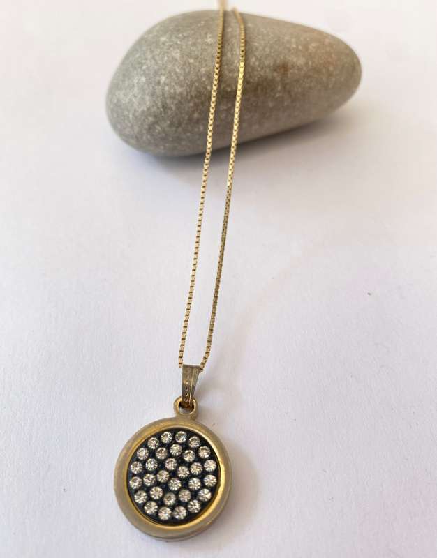 Necklace - Silver Chain With Circular Disk. Diamante Stones Inset #ML1575