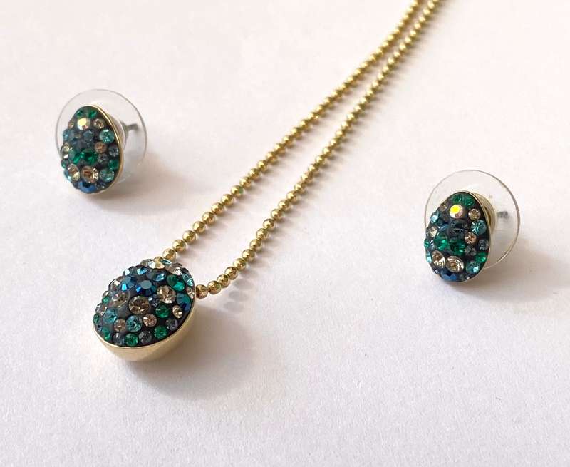 Set - Swarovski Necklace and Earrings. Pear Shaped Studs and Pendant on Chain. Coloured Crystals ...