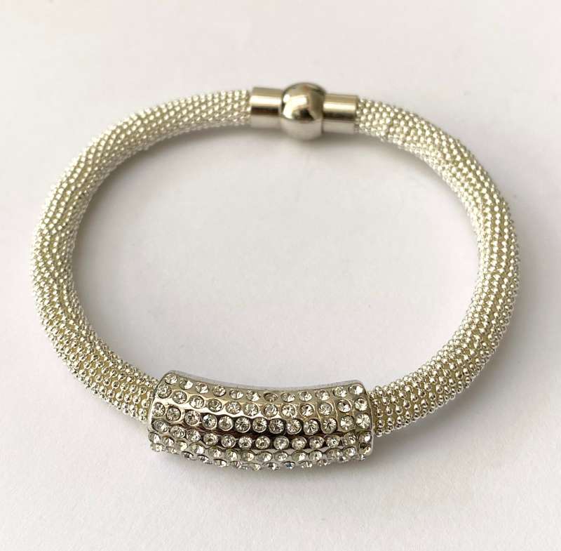 Bracelet - Tube Bangle With Outer Smaller Cube With Swarovski Crystals. Magnetic Clasp. Silver Co...