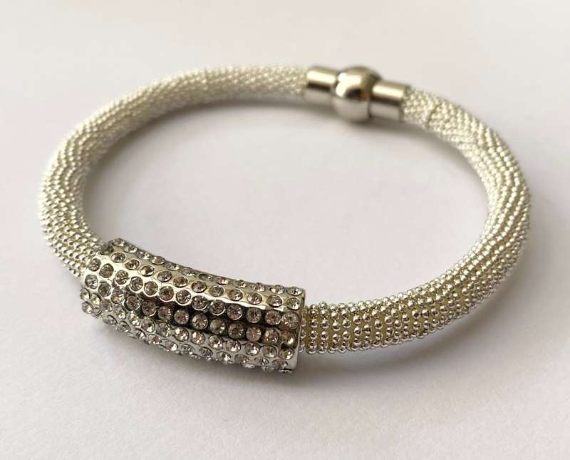 Bracelet - Tube Bangle With Outer Smaller Cube With Swarovski Crystals. Magnetic Clasp. Silver Co...
