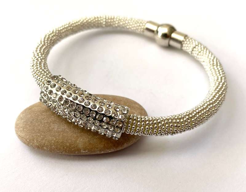Bracelet - Tube Bangle With Outer Smaller Cube With Swarovski Crystals. Magnetic Clasp. Silver Co...