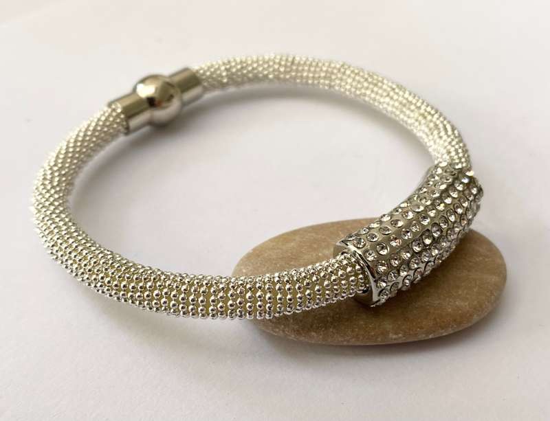 Bracelet - Tube Bangle With Outer Smaller Cube With Swarovski Crystals. Magnetic Clasp. Silver Co...