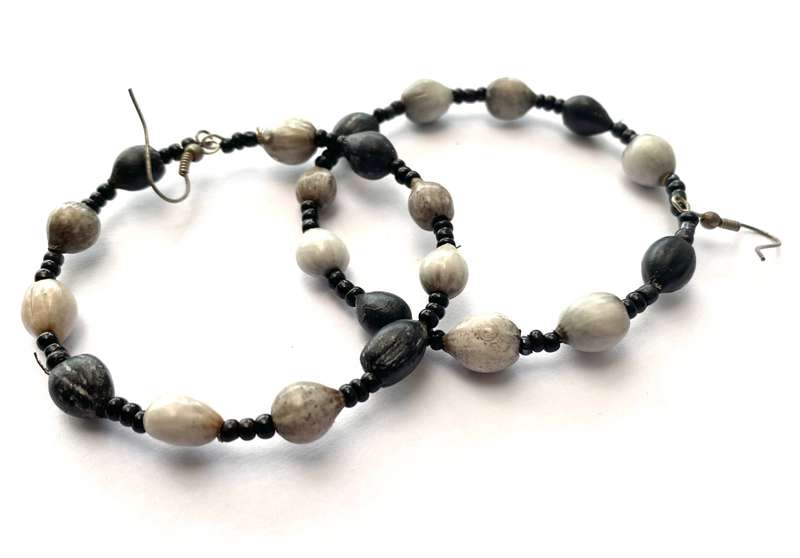 Earrings - Beaded Hoops With Silver Colour Hooks. Grey and Black Beads #ML1595
