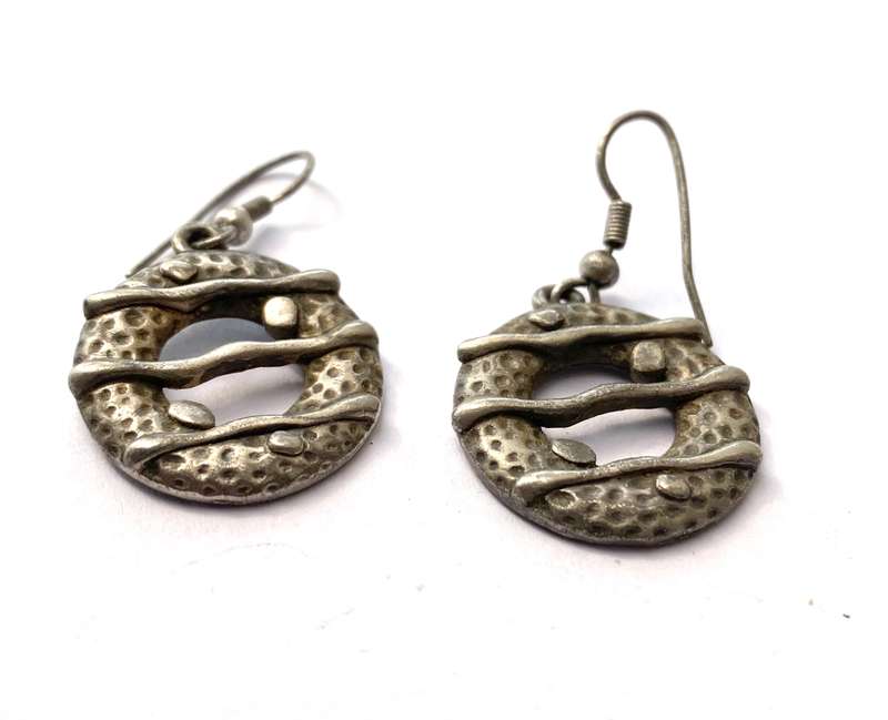 Earrings - Drops with Cut Out Circles and Horizontal Strips. Silver Colour #ML1626