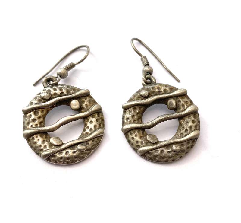 Earrings - Drops with Cut Out Circles and Horizontal Strips. Silver Colour #ML1626