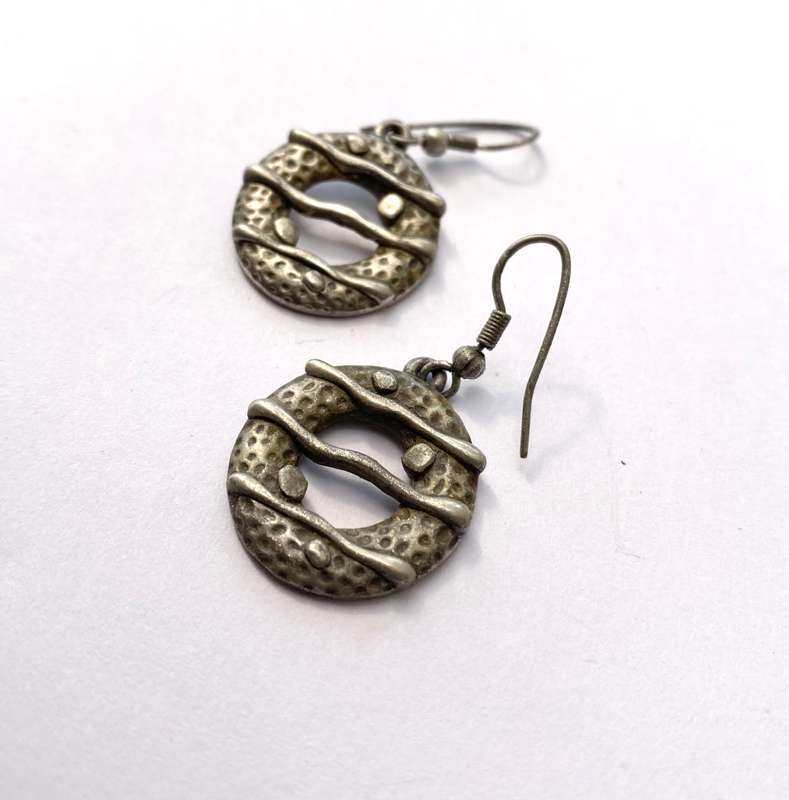 Earrings - Drops with Cut Out Circles and Horizontal Strips. Silver Colour #ML1626
