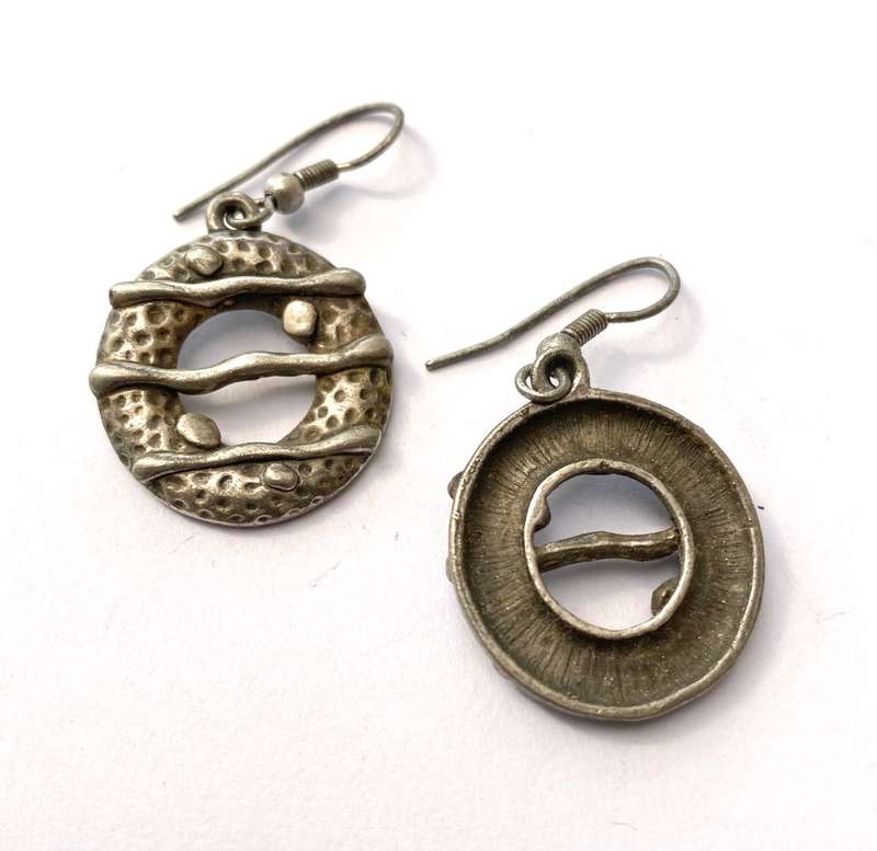 Earrings - Drops with Cut Out Circles and Horizontal Strips. Silver Colour #ML1626