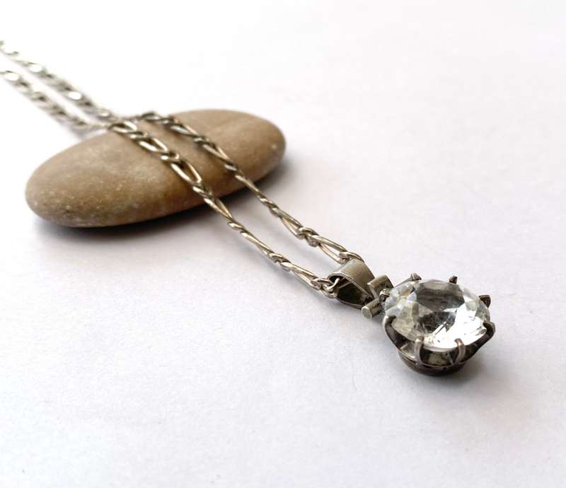 Pendant - Silver Chain "Italy" with Pendant of a Large Crystal Stone On A Silver Loop #ML1628