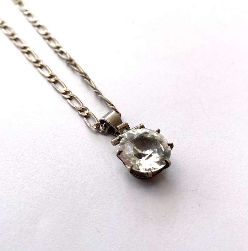 Pendant - Silver Chain "Italy" with Pendant of a Large Crystal Stone On A Silver Loop #ML1628