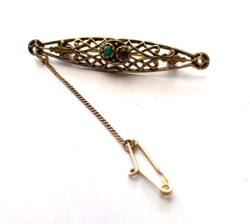 Brooch - Vintage Bar Brooch With Safety Chain. Cutout Pattern. Green and Purple Stones Inset. Pin...