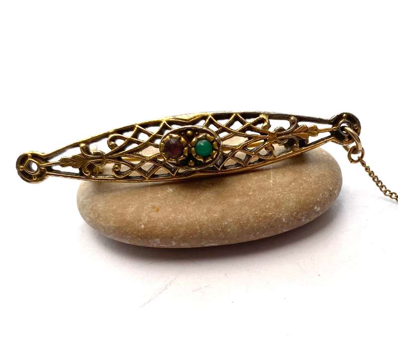 Brooch - Vintage Bar Brooch With Safety Chain. Cutout Pattern. Green and Purple Stones Inset. Pin...