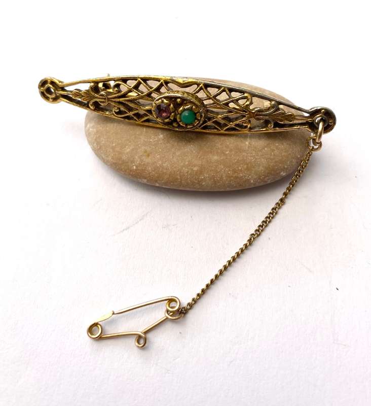 Brooch - Vintage Bar Brooch With Safety Chain. Cutout Pattern. Green and Purple Stones Inset. Pin...