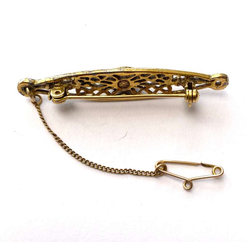 Brooch - Vintage Bar Brooch With Safety Chain. Cutout Pattern. Green and Purple Stones Inset. Pin...