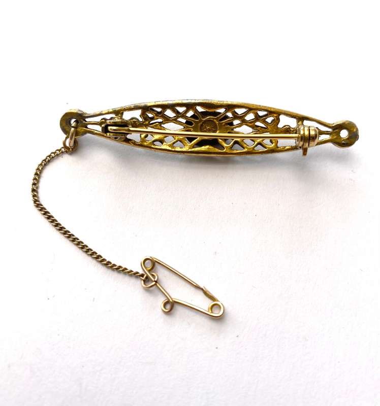 Brooch - Vintage Bar Brooch With Safety Chain. Cutout Pattern. Green and Purple Stones Inset. Pin...