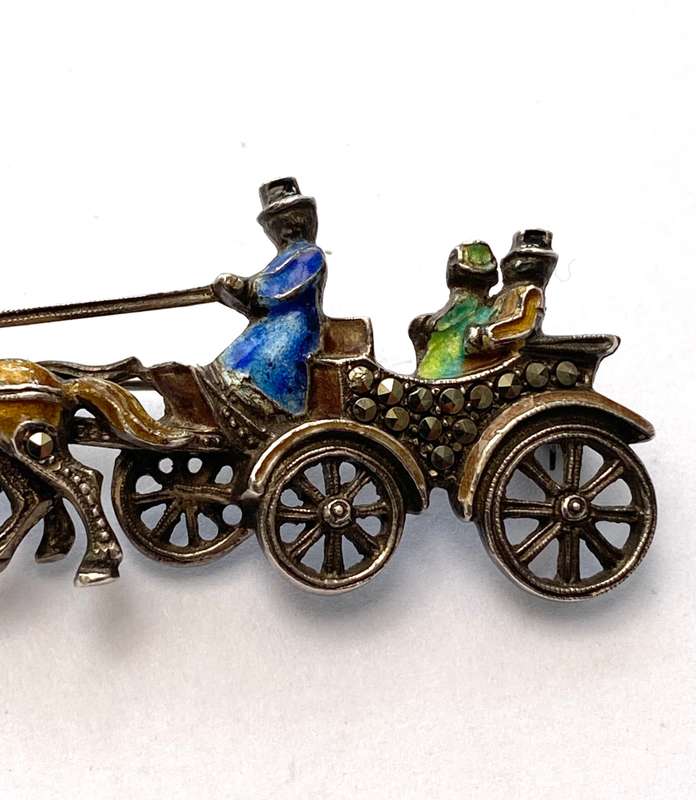 Brooch - Vintage Sterling Silver Enamel Marcasite Horse and Carriage With People #ML1633