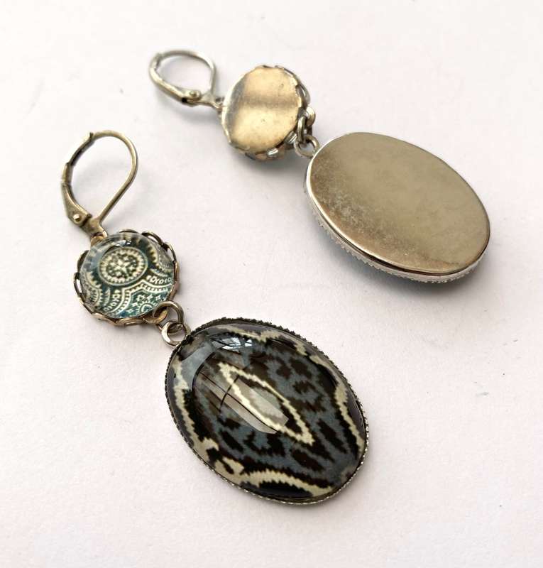 Earrings - Grey and White Colour Two Tier Drops. Oval and Circle Pendants. Silver Colour #ML1636