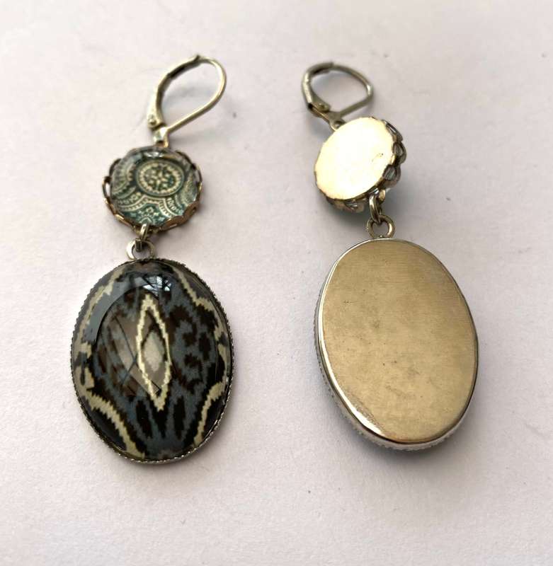 Earrings - Grey and White Colour Two Tier Drops. Oval and Circle Pendants. Silver Colour #ML1636