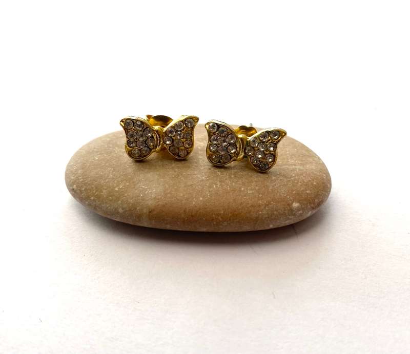 Earrings - Small Butterfly Studs With White Stones. Gold Colour #ML1641