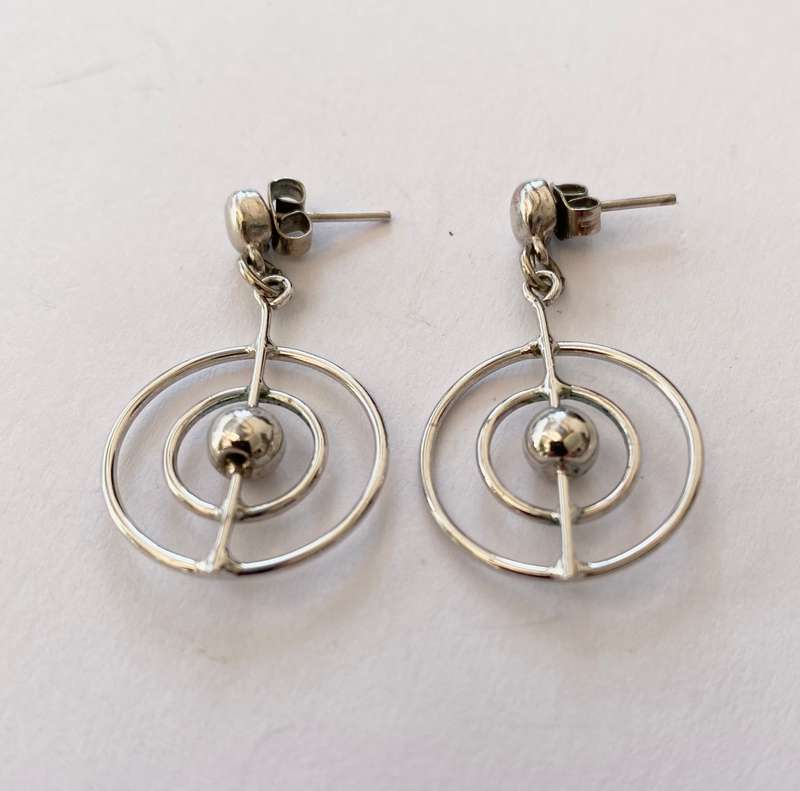 Earrings - Dangly With 3 Round Circles and Small Ball in Centre. Silver Colour #ML1644