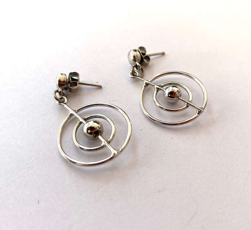 Earrings - Dangly With 3 Round Circles and Small Ball in Centre. Silver Colour #ML1644