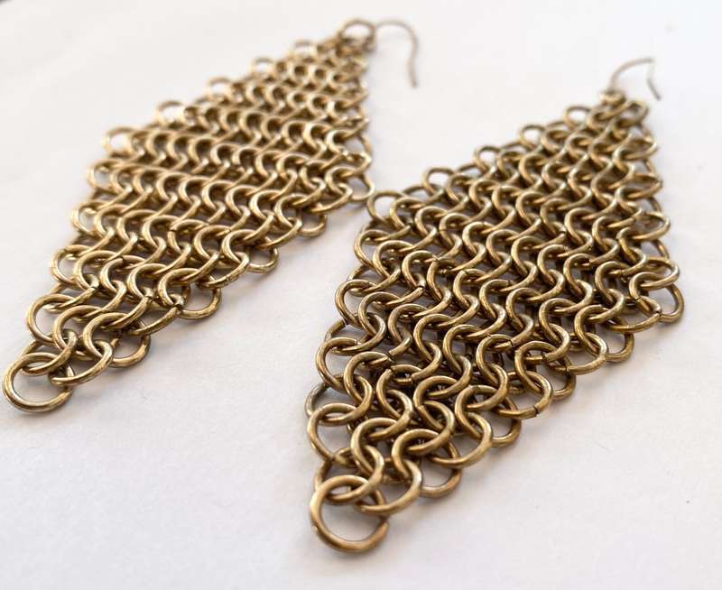 Earrings - Mesh Diamond Shape Drop and Dangle. Brass Colour #ML1647