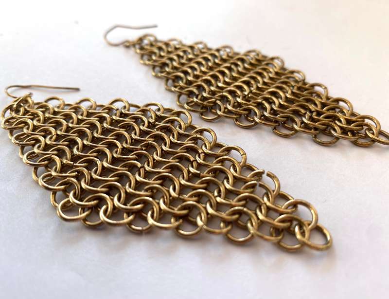Earrings - Mesh Diamond Shape Drop and Dangle. Brass Colour #ML1647