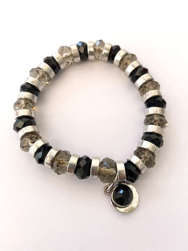 Bracelet - Black Glass Beads and silver rings. Elasticised String #ML1648