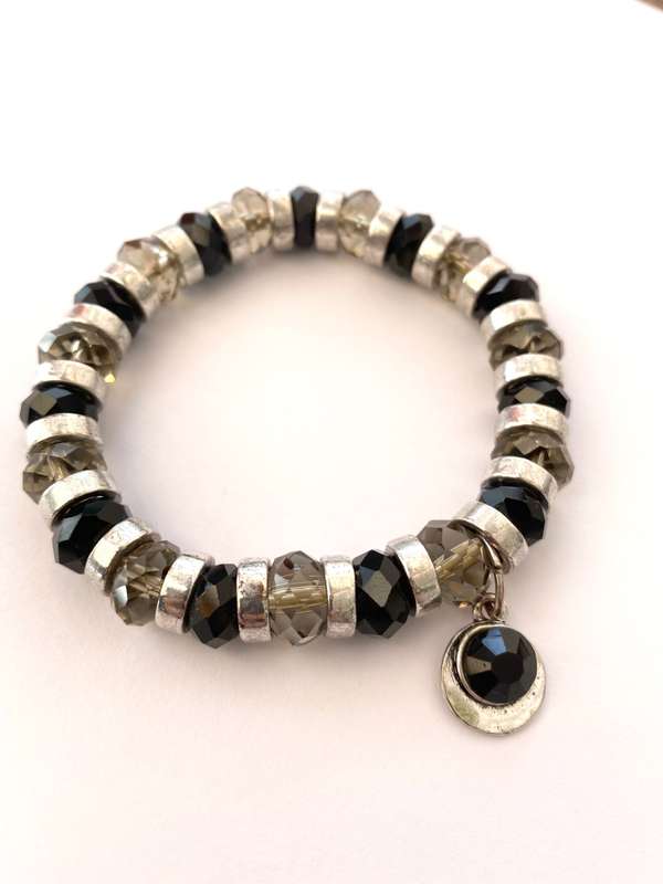 Bracelet - Black Glass Beads and silver rings. Elasticised String #ML1648