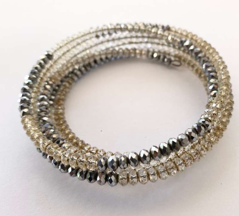 Bracelet - Spiral Bangle With Sparkly Transparent Beads and Grey Sparkly Beads #ML1653