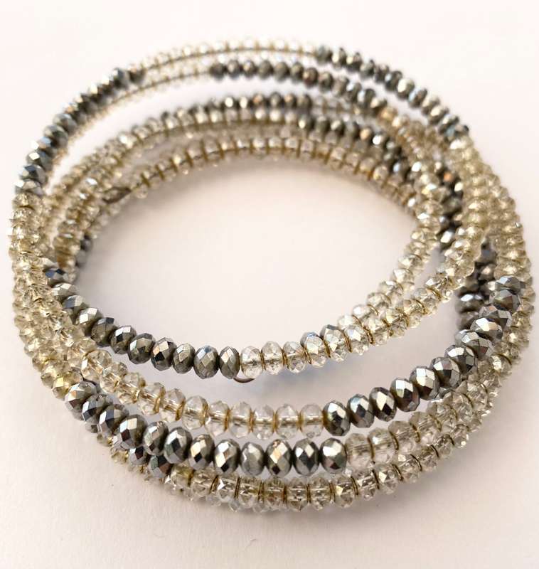 Bracelet - Spiral Bangle With Sparkly Transparent Beads and Grey Sparkly Beads #ML1653
