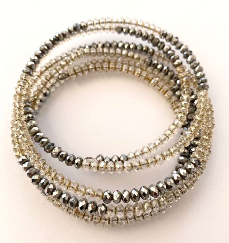 Bracelet - Spiral Bangle With Sparkly Transparent Beads and Grey Sparkly Beads #ML1653