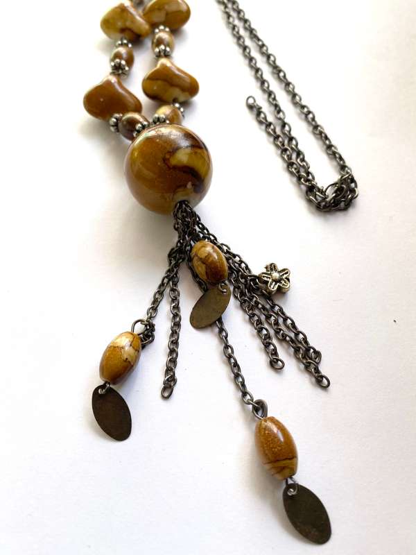 Necklace - Rustic Dark Chain With Brown and Beige Colour Beads of Different Sizes #ML1657