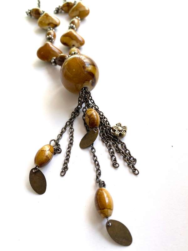 Necklace - Rustic Dark Chain With Brown and Beige Colour Beads of Different Sizes #ML1657