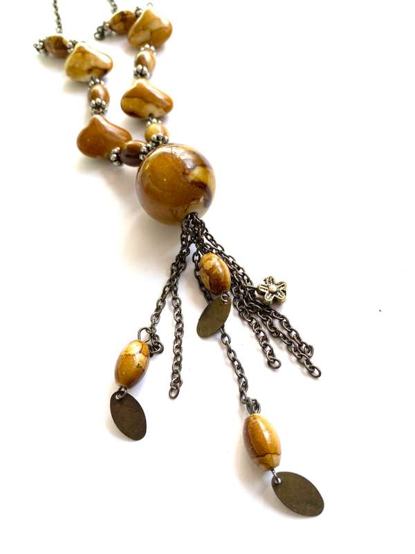 Necklace - Rustic Dark Chain With Brown and Beige Colour Beads of Different Sizes #ML1657