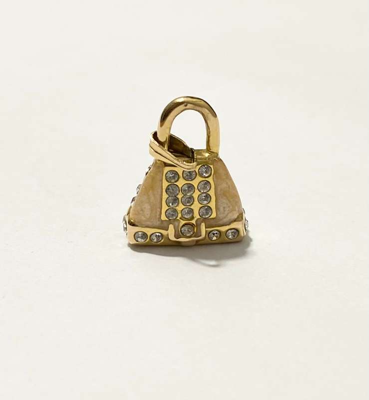 Charm - Handbag Shape With Clasp. Small Sparkly Stones. Gold Colour #ML1658