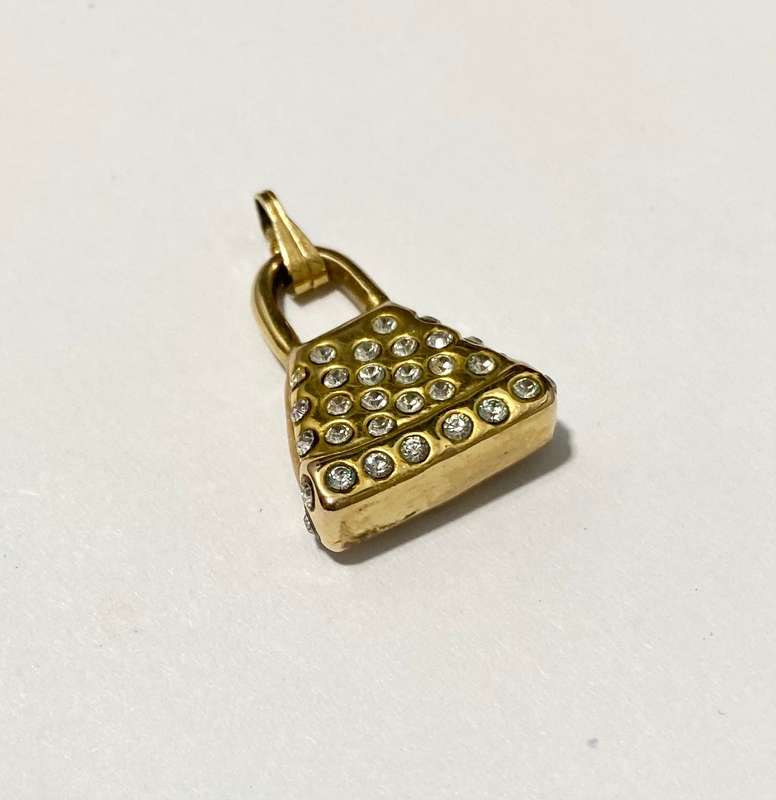 Charm - Handbag Shape With Clasp. Small Sparkly Stones. Gold Colour #ML1658