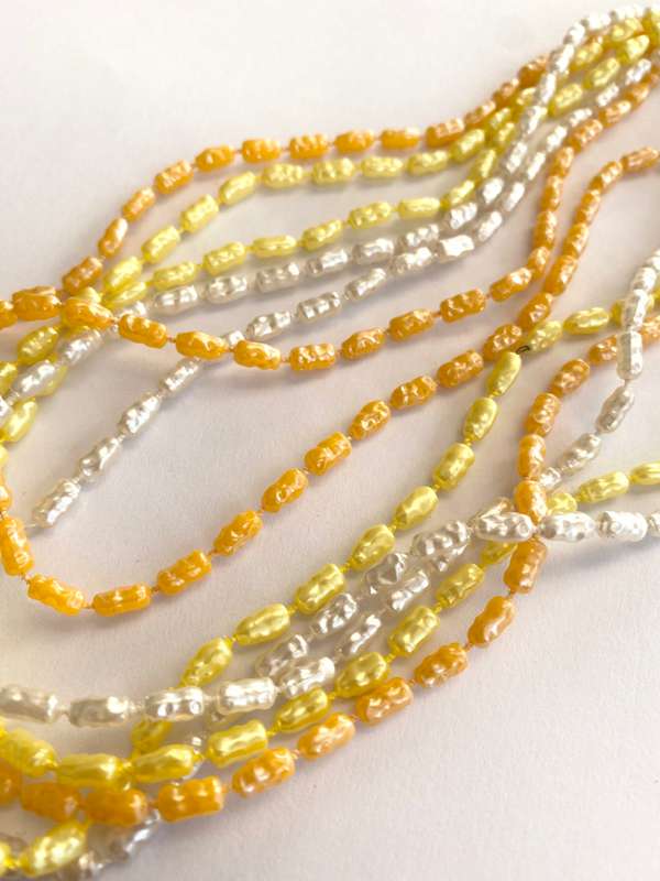 Necklace - 3 x Strands of Pearly Beads. Orange, White, Yellow #ML1665