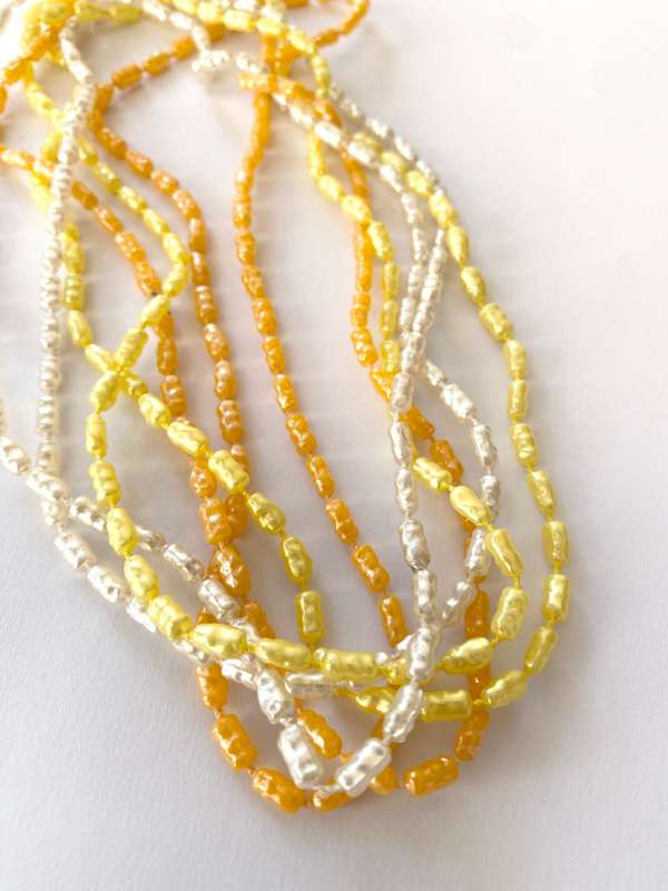 Necklace - 3 x Strands of Pearly Beads. Orange, White, Yellow #ML1665