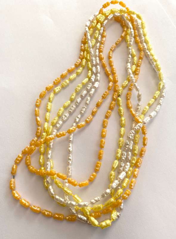Necklace - 3 x Strands of Pearly Beads. Orange, White, Yellow #ML1665