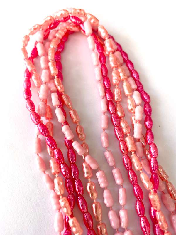 Necklace - 3 x Strands of Pearly Beads. 3 Shades Of Pink #ML1667