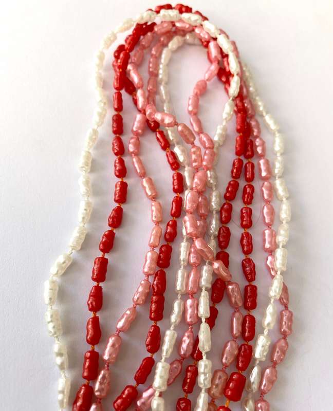 Necklace - 3 x Strands of Pearly Beads. Pink, Red, White #ML1668