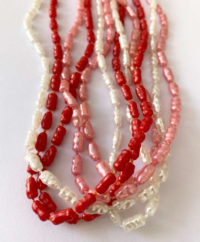 Necklace - 3 x Strands of Pearly Beads. Pink, Red, White #ML1668