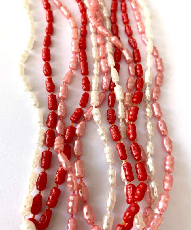 Necklace - 3 x Strands of Pearly Beads. Pink, Red, White #ML1668
