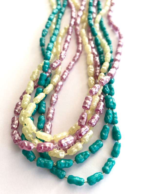 Necklace - 3 x Strands of Pearly Beads. Turquoise, Lilac, Cream #ML1669