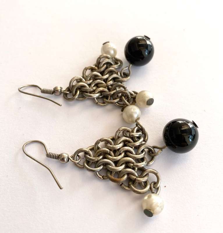 Earrings - Drops With Hanging Chains With Beads on End. Silver Colour #ML1671