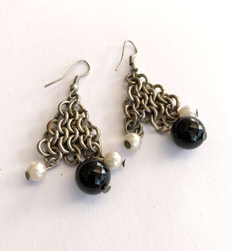 Earrings - Drops With Hanging Chains With Beads on End. Silver Colour #ML1671