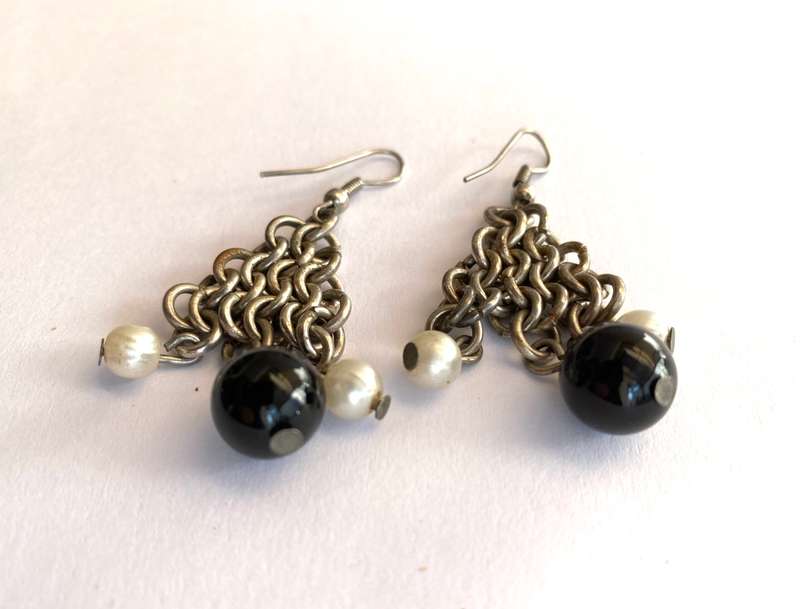 Earrings - Drops With Hanging Chains With Beads on End. Silver Colour #ML1671