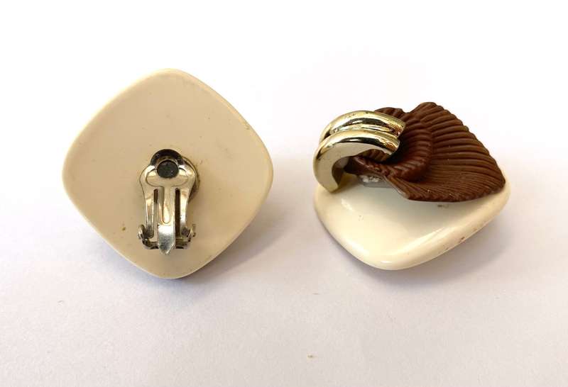 Earrings - Vintage Clip-ons With Brown, White and Gold Colour Parts. Light Weight #ML1679